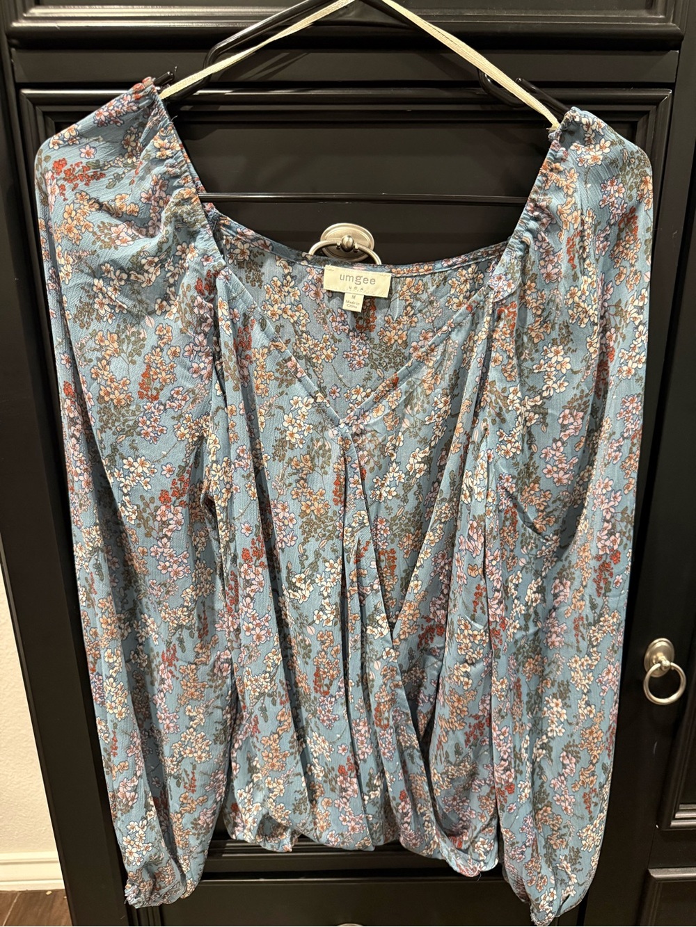 Umgee Dusty Blue Floral Faux Wrap-Front Long Sleeve Dress